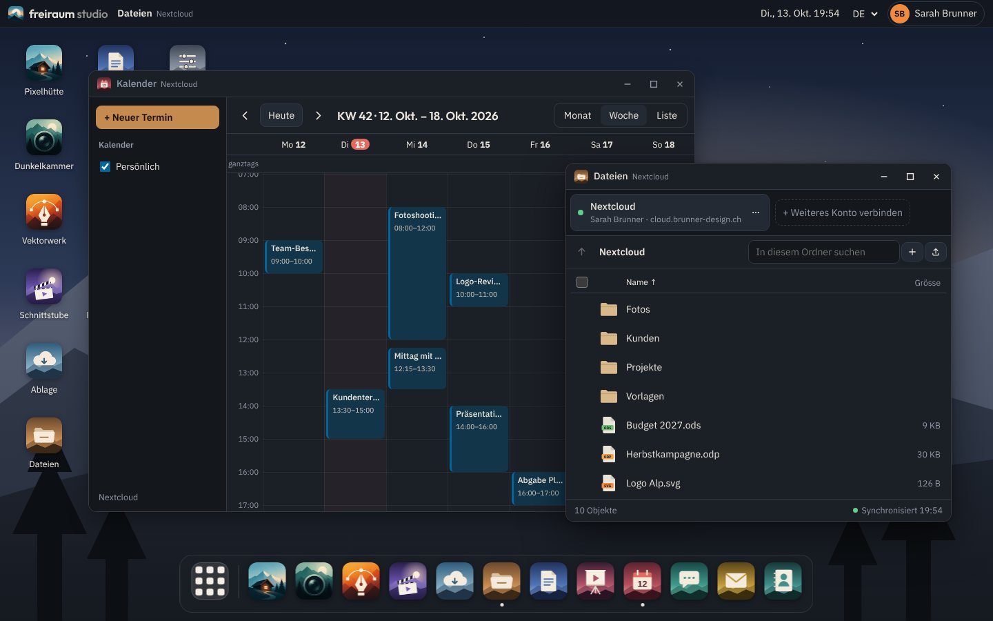 Freiraum-Desktop mit Kalender und Dateien aus der eigenen Nextcloud, unten das Dock mit allen Apps