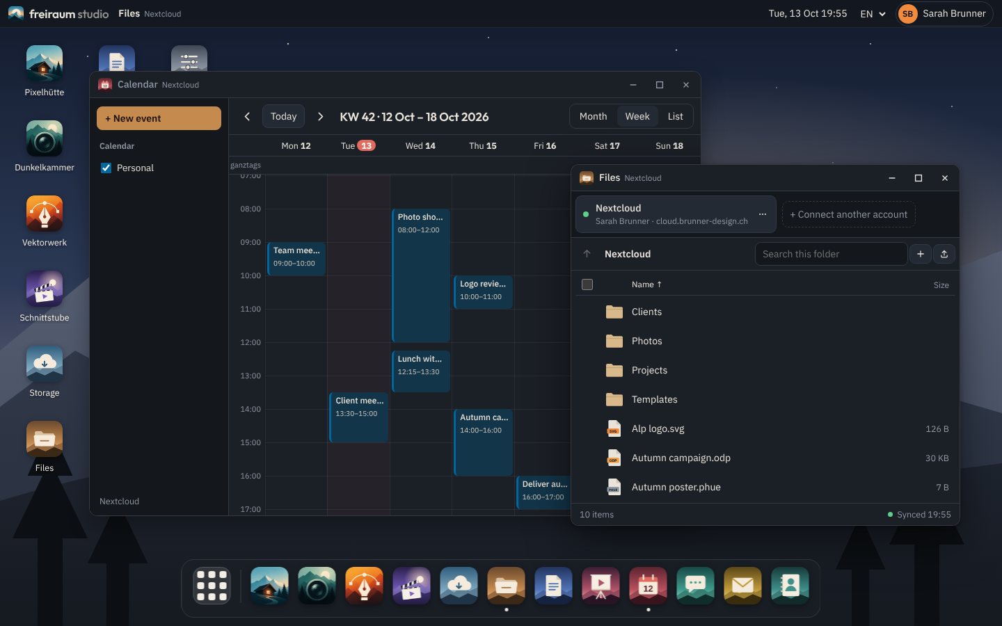 Freiraum desktop with calendar and files from your own Nextcloud, the dock with all apps below