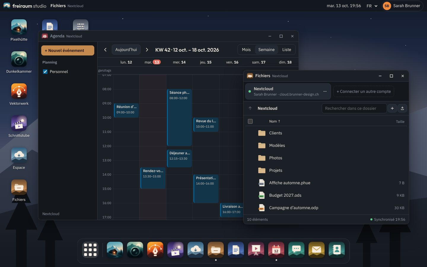Bureau Freiraum avec l’agenda et les fichiers de votre propre Nextcloud, en bas le dock avec toutes les apps