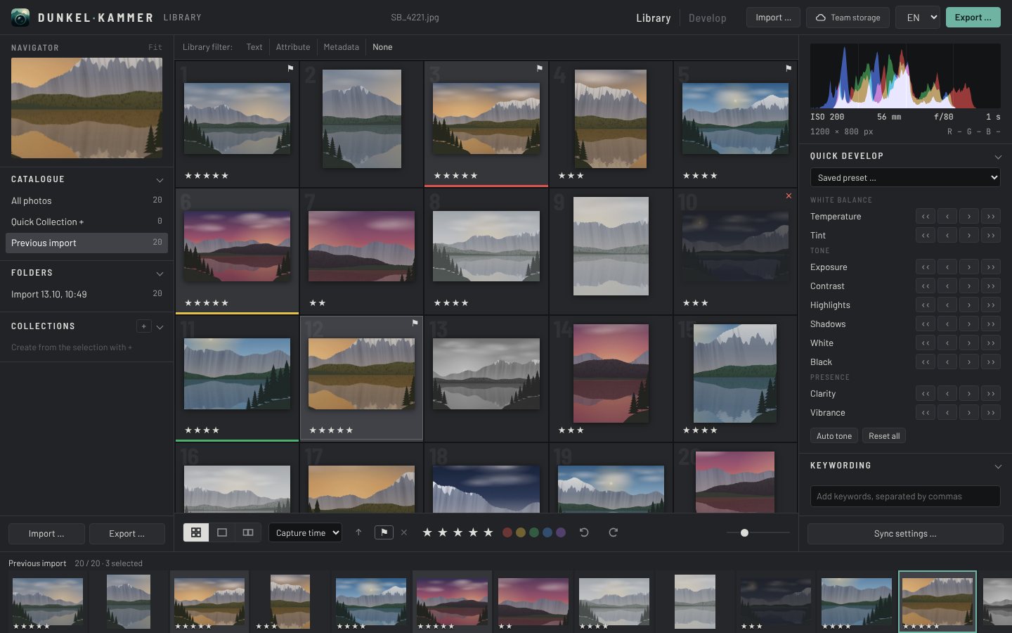 Dunkelkammer library: grid of mountain lake photos with stars, colour labels, filter bar, quick develop and filmstrip