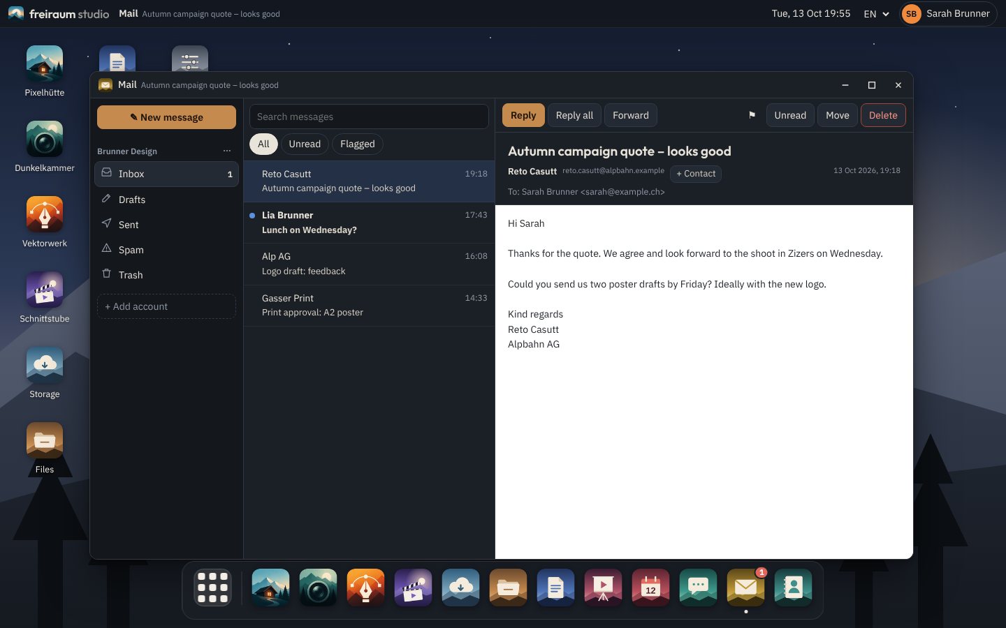 Mail in the Freiraum desktop: inbox of a connected mailbox with an open message