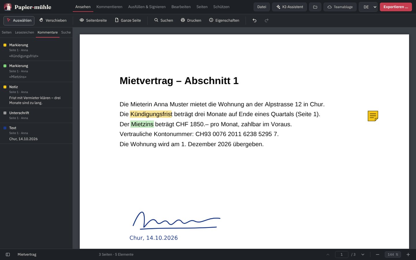 Papiermühle: Mietvertrag mit Markierung, Notiz, Kommentarliste und Unterschrift