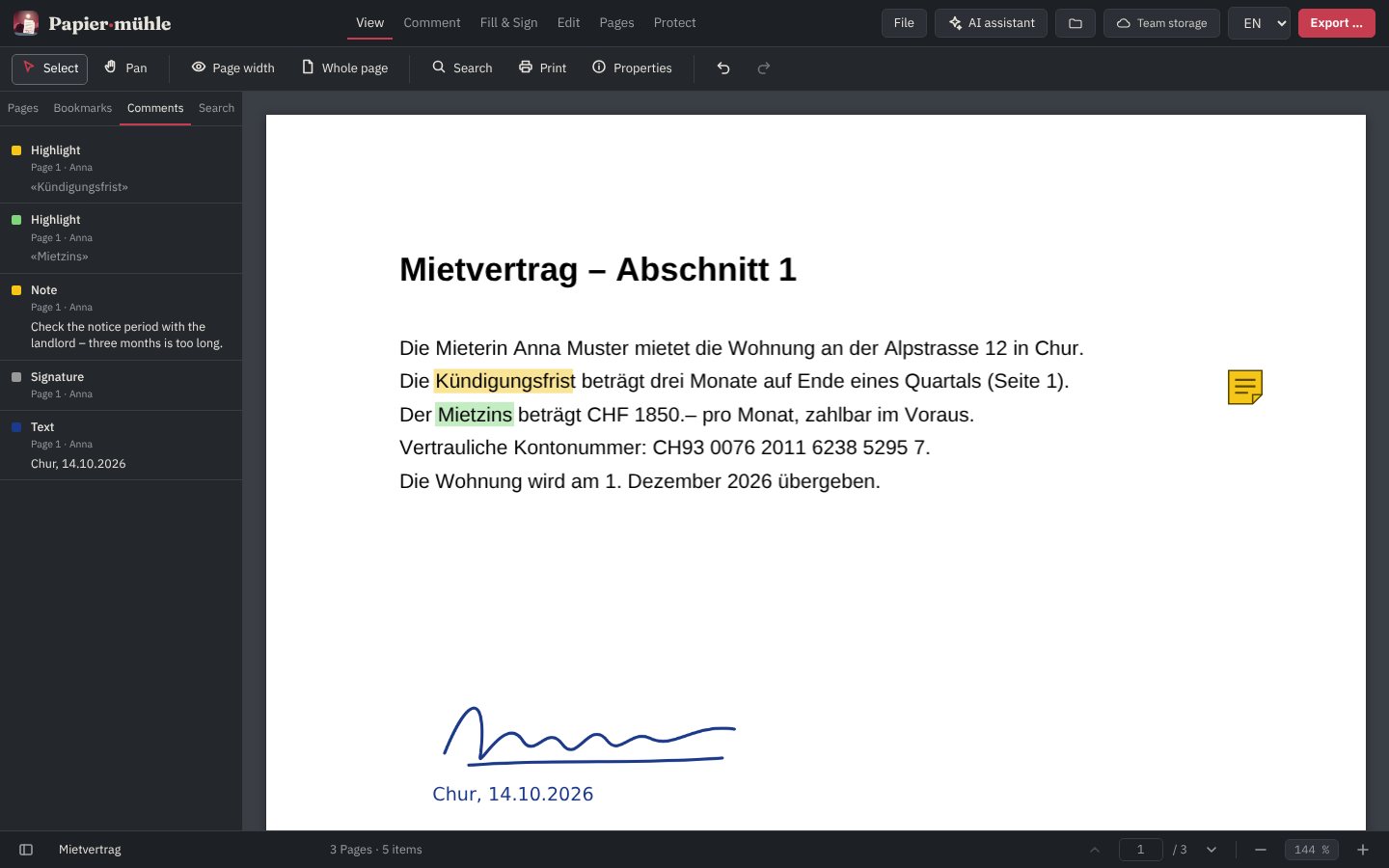 Papiermühle: lease agreement with highlight, note, comment list and signature