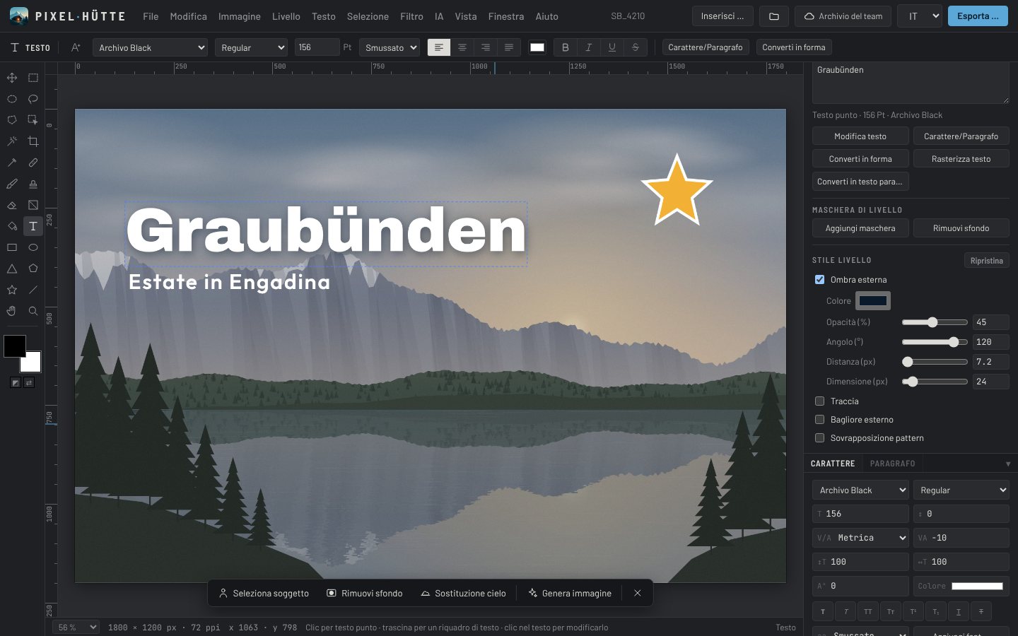 Pixelhütte: barra dei menu, barra delle opzioni, strumenti, foto con il testo «Graubünden» e pannelli Carattere e Livelli