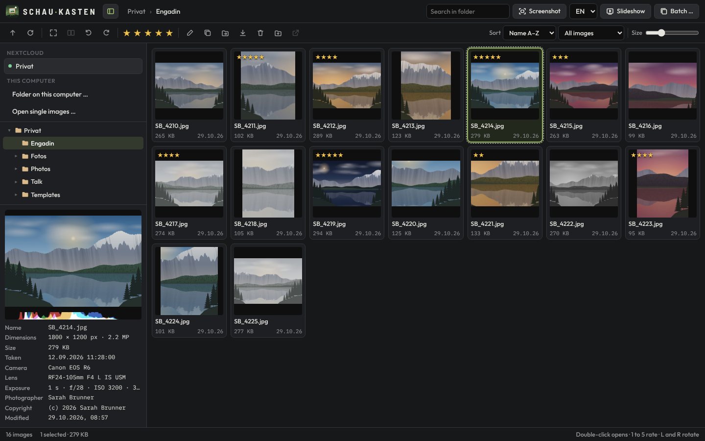 Schaukasten: folder of photos from the Engadine with star ratings and camera data
