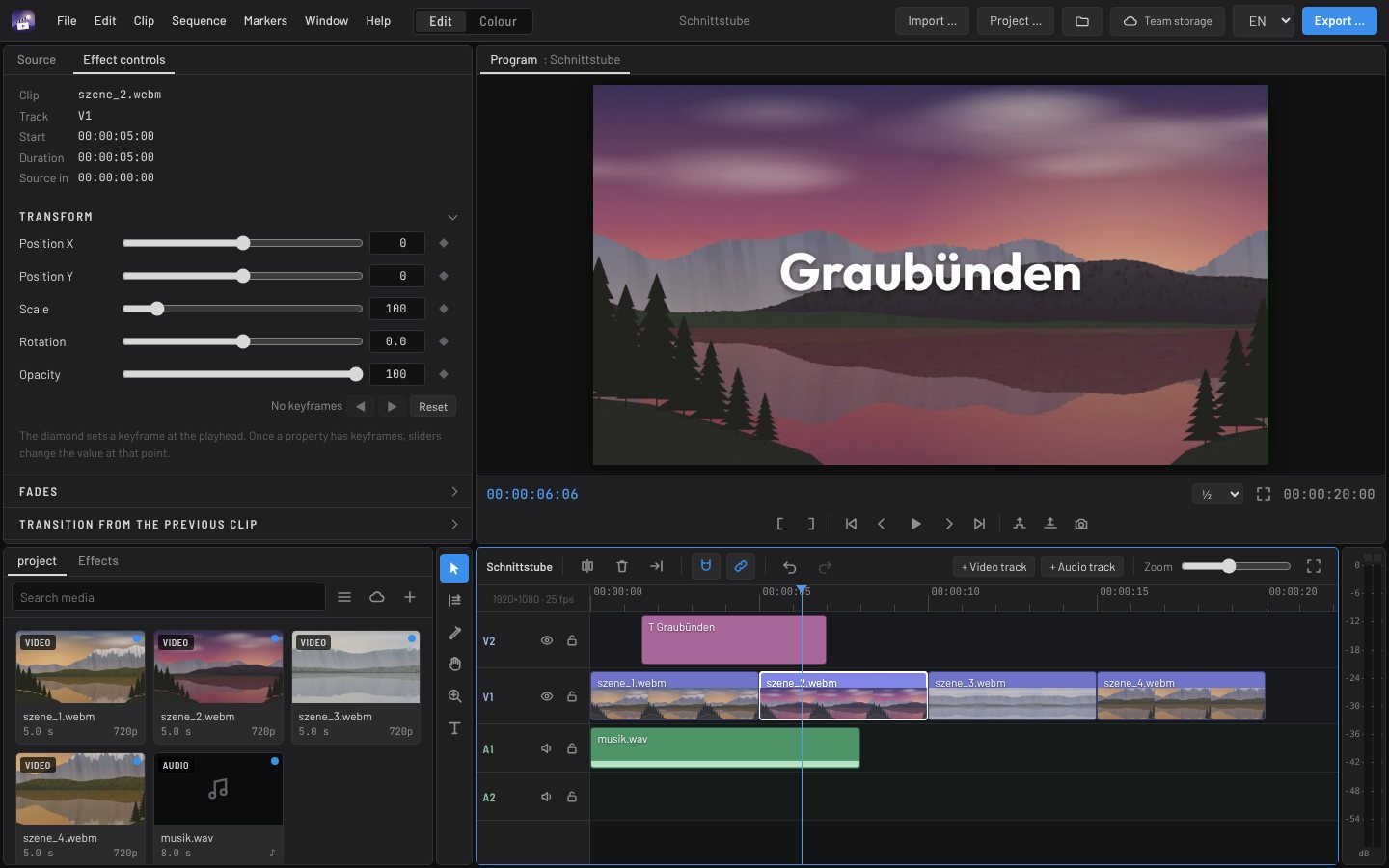 Schnittstube: media pool, preview with the title “Graubünden”, inspector and timeline with video clips, title and music