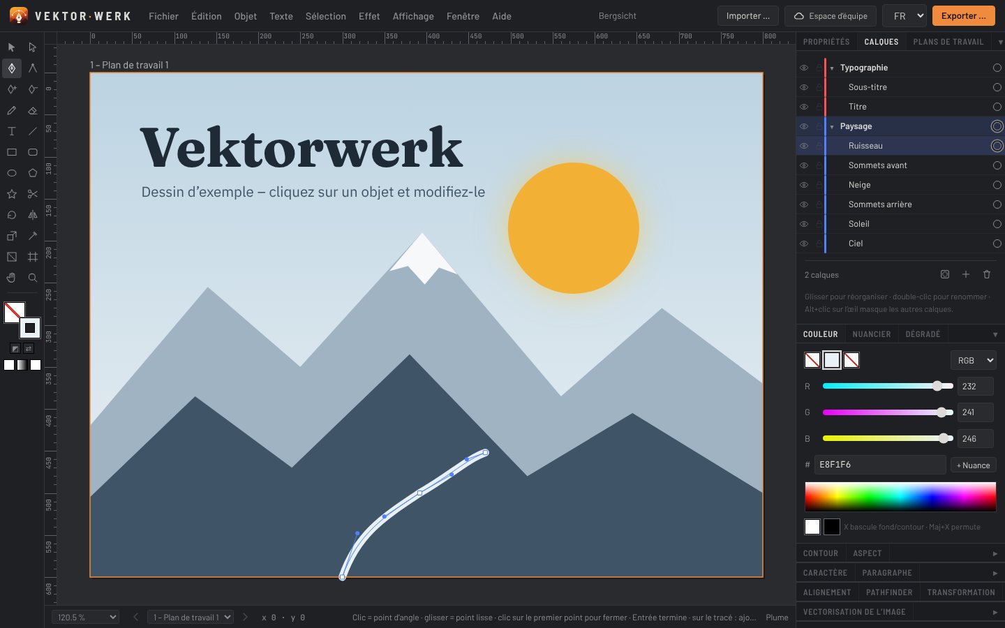 Vektorwerk : outils, liste des calques et un dessin de montagnes avec un soleil